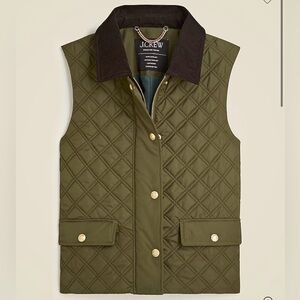 J. Crew Quilted Barn Vest Medium Green Primaloft Gold Snap Equestrian Chore